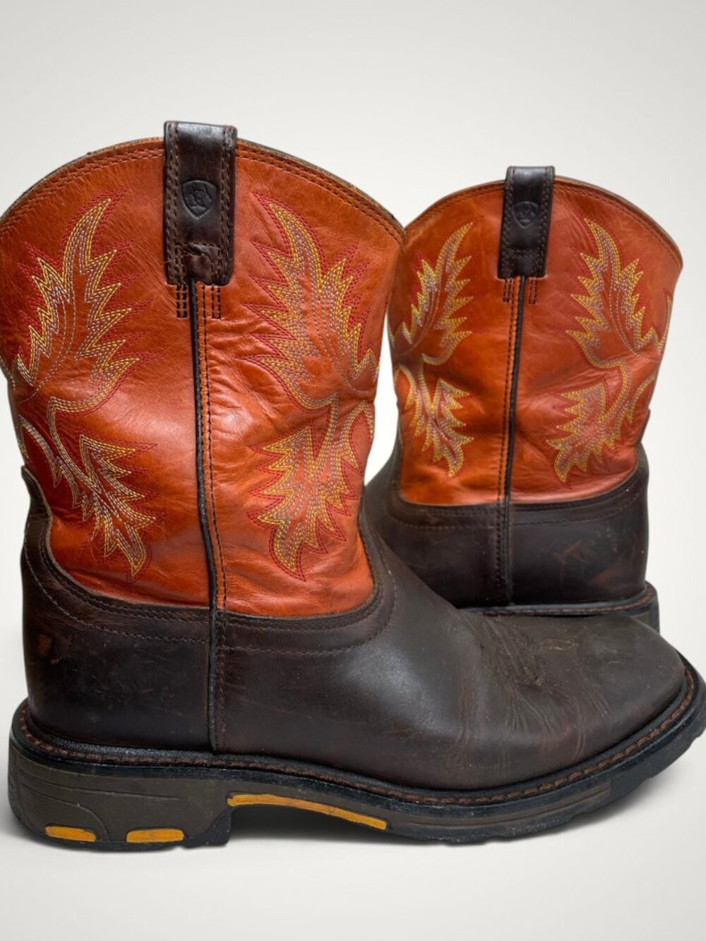 Ariat WorkHog Brown Orange Square Toe Western Cowboy Boots Boys Youth 6 Y